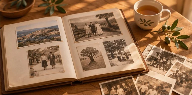 Illustration : un album de vieilles photos de famille ouvert sur une table, à côté d'une tasse de thé