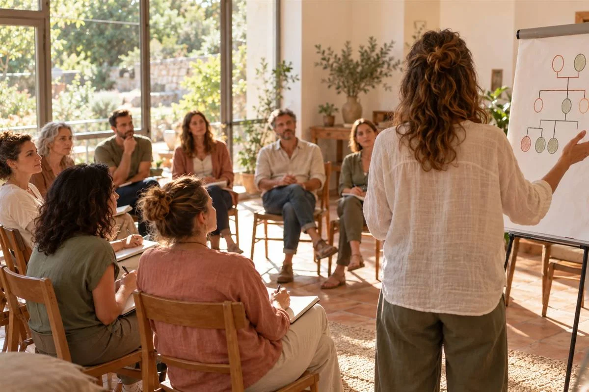 Illustration : un atelier sur le transgénérationnel, un arbre généalogique dessiné au tableau devant un groupe