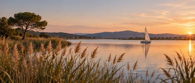 Illustration : un bord d'étang en Provence au coucher du soleil, des roseaux et un petit voilier