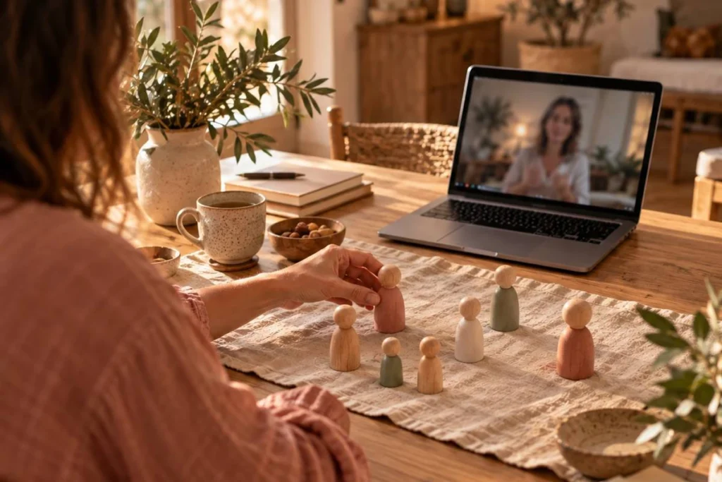 Illustration : une constellation individuelle en visio, les figurines disposées devant l'ordinateur