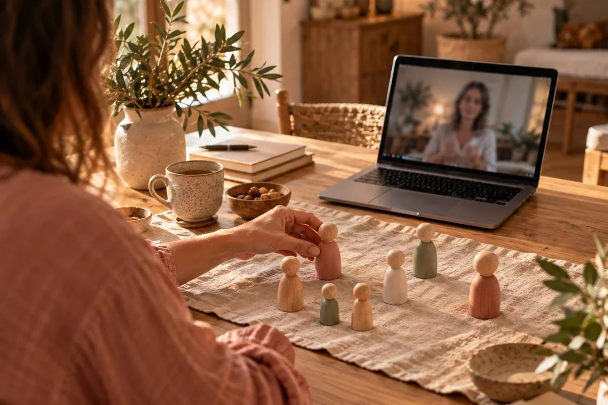 Illustration : une constellation individuelle en visio, les figurines disposées devant l'ordinateur