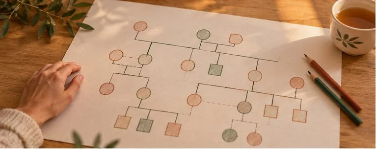 Illustration : un génosociogramme dessiné sur une feuille, cercles et carrés reliés sur trois générations