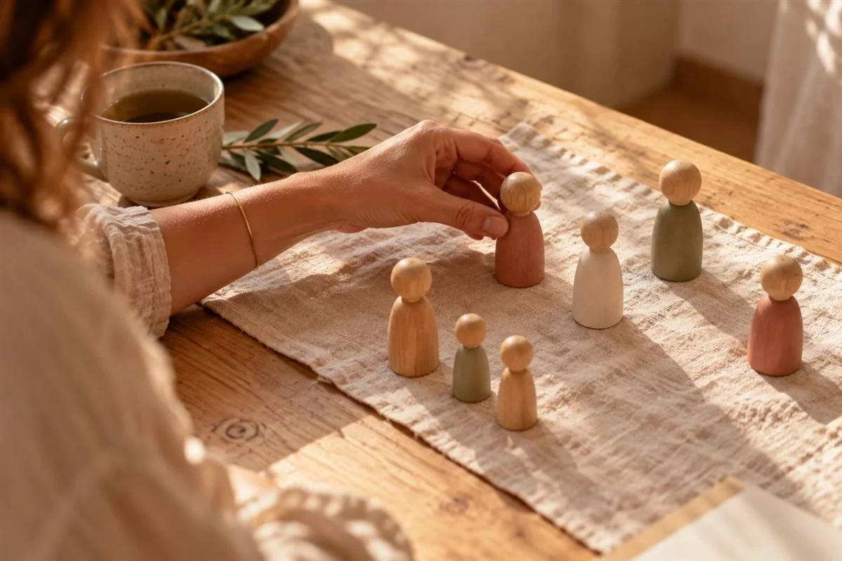 Illustration : une main place des figurines en bois les unes par rapport aux autres sur une table