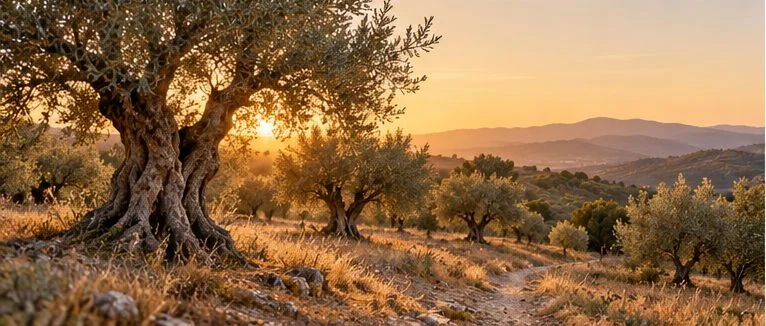 Illustration : de vieux oliviers sur une colline de Provence au coucher du soleil, un chemin entre les arbres