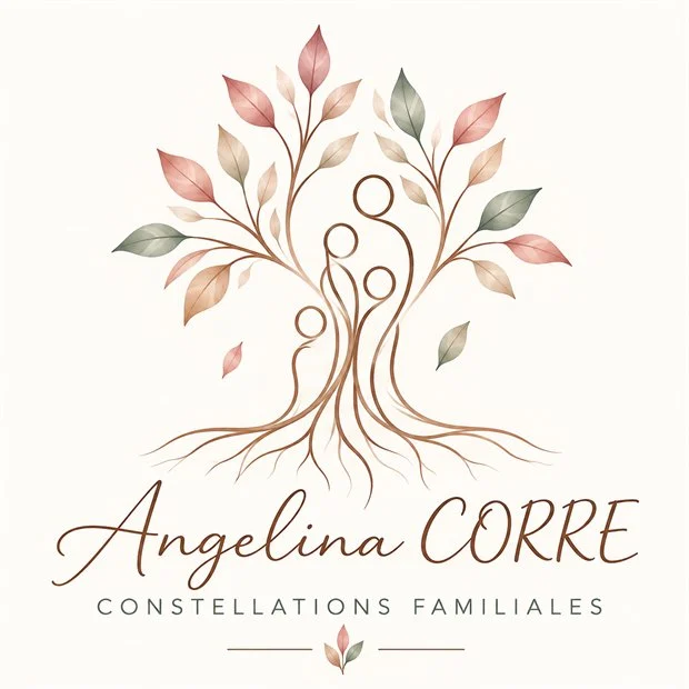 Logo Angelina Corre, constellations familiales : arbre généalogique aux racines profondes et personnages